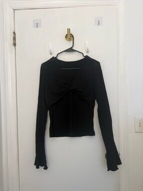 Commense Black Twist-Front Long Sleeve Top with Flared Cuffs